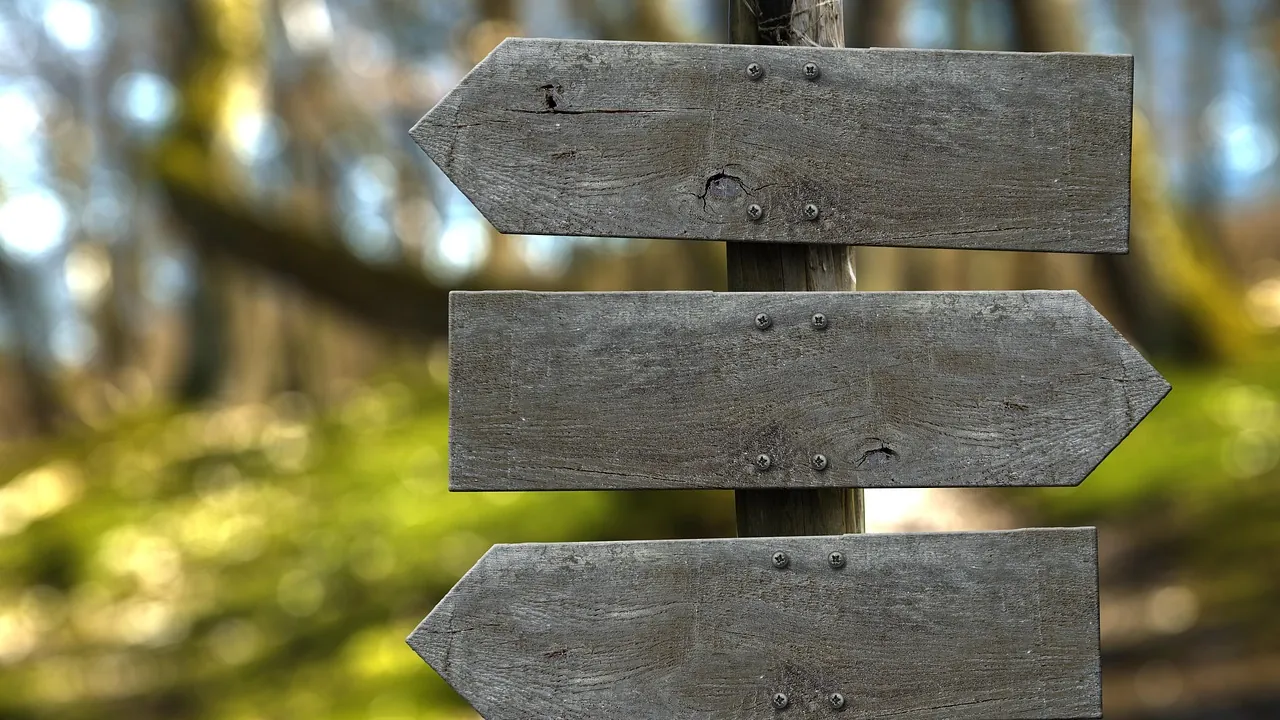 Un poteau de bois portant trois flèches dans des directions différentes